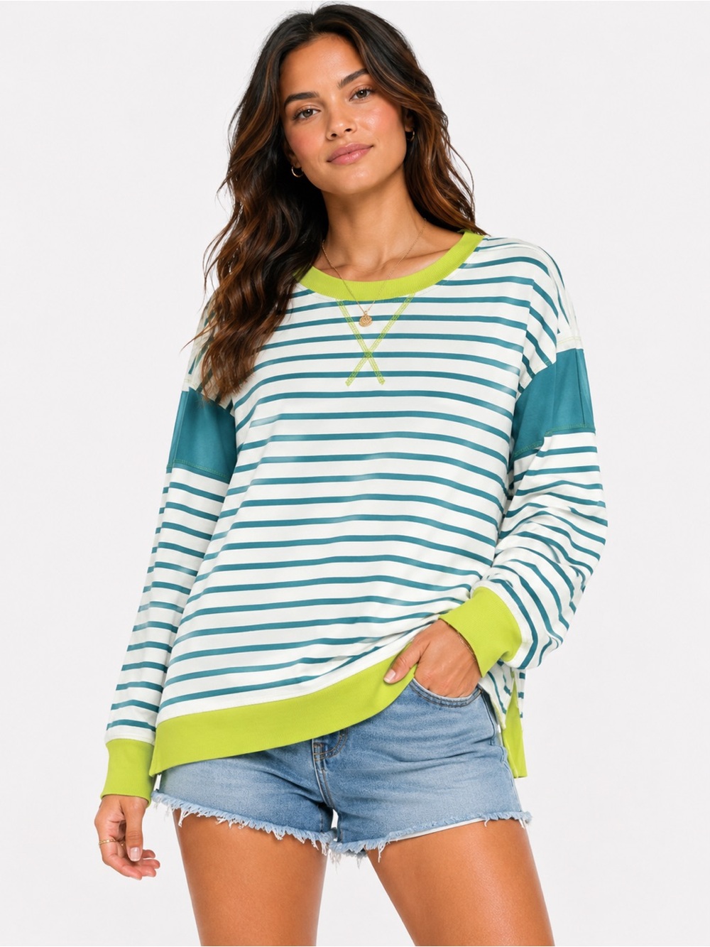 Boho Striped Size Large Long Sleeve Top with Lime Trim - White & Teal